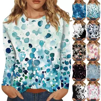 Женский модный повседневный пуловер с круглым вырезом и длинным рукавом с цветочным принтом XXL