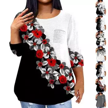 Женский модный повседневный пуловер с круглым вырезом и рукавом три четверти с принтом, топ с рукавами 4/3 L чёрный