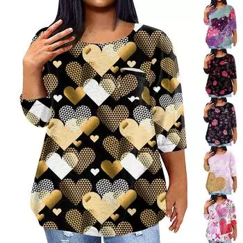 Женский модный повседневный пуловер с круглым вырезом и рукавом три четверти с принтом, топ с рукавами 4/3 L