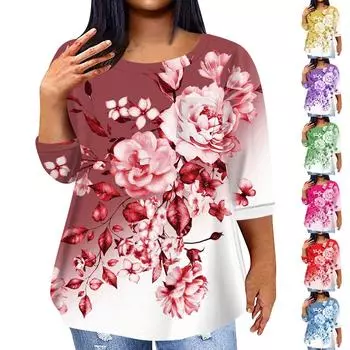 Женский модный повседневный пуловер с круглым вырезом и рукавом три четверти с принтом, топ с рукавами 4/3 XXXXXL синий