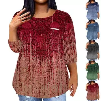 Женский модный повседневный пуловер с круглым вырезом и рукавом три четверти с принтом, топ с рукавами 4/3 XXXXL