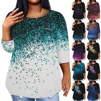 Женский модный повседневный пуловер с круглым вырезом и рукавом три четверти с принтом, топ с рукавами 4/3 XXXXXL