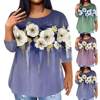 Женский модный повседневный пуловер с круглым вырезом и рукавом три четверти с принтом, топ с рукавами 4/3 L