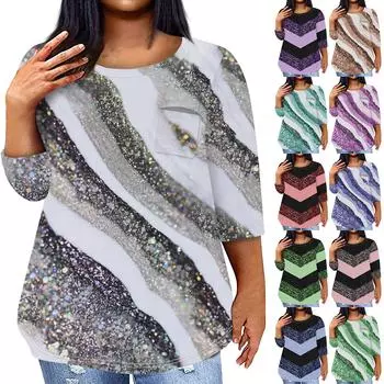 Женский модный повседневный пуловер с круглым вырезом и рукавом три четверти с принтом, топ с рукавами 4/3 XL