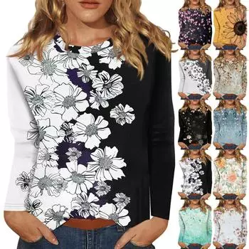 Женский модный повседневный пуловер с круглым вырезом и длинным рукавом с цветочным принтом L чёрный