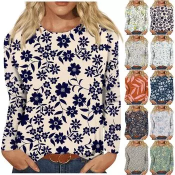 Женский модный повседневный пуловер с круглым вырезом и длинным рукавом с цветочным принтом XXXXXL тёмно-синий