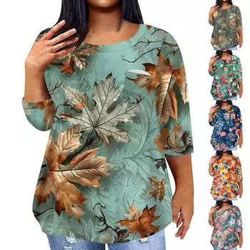 Женский модный повседневный пуловер с круглым вырезом и рукавом три четверти с принтом, топ с рукавами 4/3 XXXL зелёный