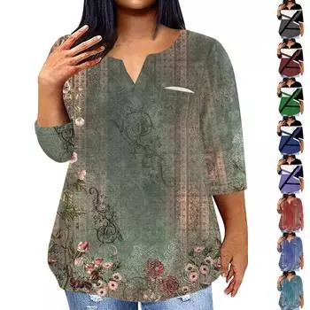 Женский модный повседневный пуловер с рукавами три четверти и V-образным вырезом с принтом, топ с рукавами 4/3 L