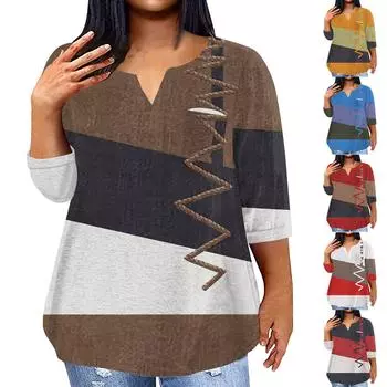 Женский модный повседневный пуловер с рукавами три четверти и V-образным вырезом с принтом, топ с рукавами 4/3 L кофейный
