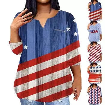 Женский модный повседневный пуловер с рукавами три четверти и принтом в честь Дня независимости и V-образным вырезом, топ с рукавами 3/4 L синий