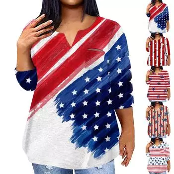 Женский модный повседневный пуловер с рукавами три четверти и принтом в честь Дня независимости и V-образным вырезом, топ с рукавами 3/4 L