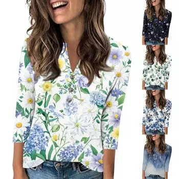 Женский модный повседневный пуловер с рукавом 3/4, принтом на пуговицах и V-образным вырезом L чёрный