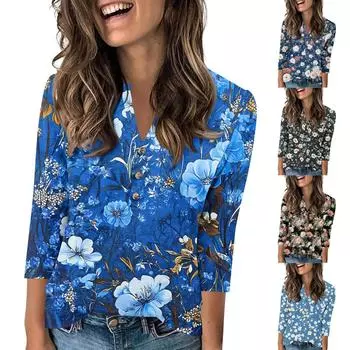 Женский модный повседневный пуловер с рукавом 3/4, принтом на пуговицах и V-образным вырезом L чёрный