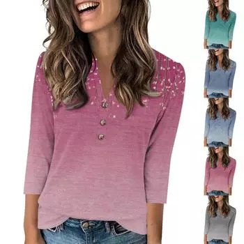 Женский модный повседневный пуловер с рукавом 3/4, принтом на пуговицах и V-образным вырезом XXXL