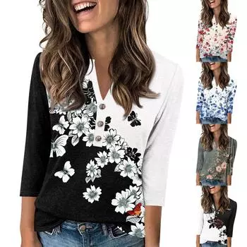 Женский модный повседневный пуловер с рукавом 3/4, принтом на пуговицах и V-образным вырезом L чёрный