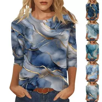 Женский модный повседневный пуловер с рукавом семь четвертей, модный принтованный топ L синий