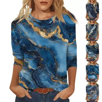 Женский модный повседневный пуловер с рукавом семь четвертей, модный принтованный топ L синий