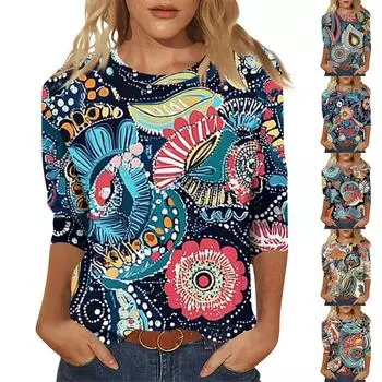 Женский модный повседневный пуловер с рукавом семь четвертей, модный принтованный топ L синий