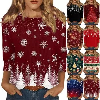 Женский модный повседневный пуловер с рукавом три четверти и рождественским принтом на воротнике L чёрный