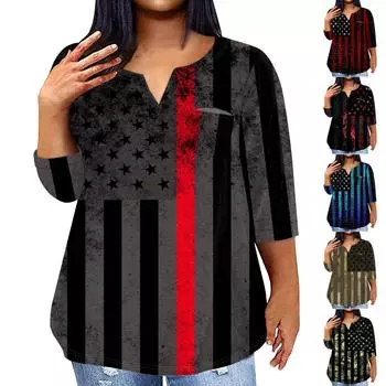 Женский модный повседневный пуловер с рукавом три четверти с принтом в честь Дня независимости и V-образным вырезом, топ с рукавами 3/4 L красный