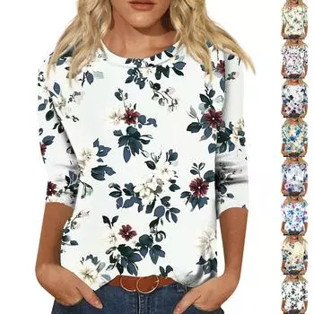 Женский модный повседневный пуловер с рукавом три четверти и цветочным принтом на воротнике L синий