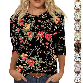 Женский модный повседневный пуловер с рукавом три четверти и цветочным принтом на воротнике L чёрный