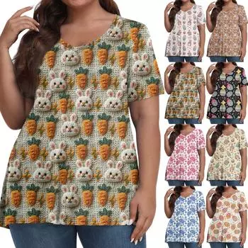 Женский модный повседневный пуловер с V-образным вырезом, короткий рукав, большой размер, пасхальный принт, топ XXXXL