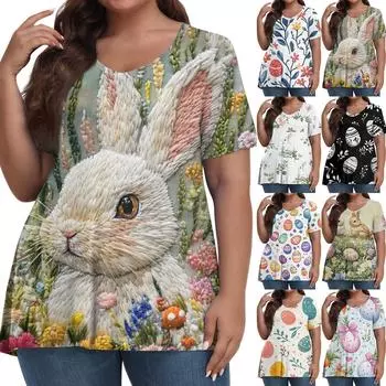 Женский модный повседневный пуловер с V-образным вырезом, короткий рукав, большой размер, пасхальный принт, топ XXXXXL хаки