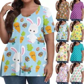 Женский модный повседневный пуловер с V-образным вырезом, короткий рукав, большой размер, пасхальный принт, топ L