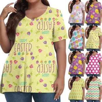 Женский модный повседневный пуловер с V-образным вырезом, короткий рукав, большой размер, пасхальный принт, топ L