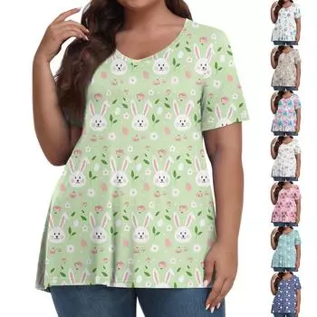 Женский модный повседневный пуловер с V-образным вырезом, короткий рукав, большой размер, пасхальный принт, топ XXXXXL