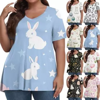 Женский модный повседневный пуловер с V-образным вырезом, короткий рукав, большой размер, пасхальный принт, топ XL бежевый