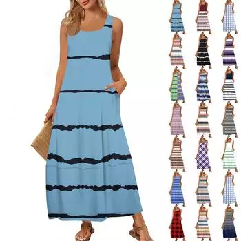 Женский модный повседневный сарафан, летнее пляжное платье с круглым вырезом, без рукавов, свободный сарафан с полосатым принтом L армия зеленый