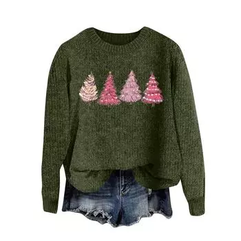 Женский модный повседневный шерстяной трикотажный пуловер с длинным рукавом и рождественским принтом L армия зеленый