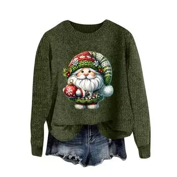 Женский модный повседневный шерстяной трикотажный пуловер с длинным рукавом и рождественским принтом L армия зеленый