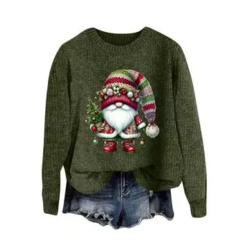 Женский модный повседневный шерстяной трикотажный пуловер с длинным рукавом и рождественским принтом L армия зеленый