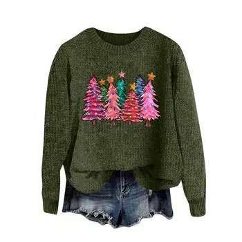 Женский модный повседневный шерстяной трикотажный пуловер с длинным рукавом и рождественским принтом L армия зеленый