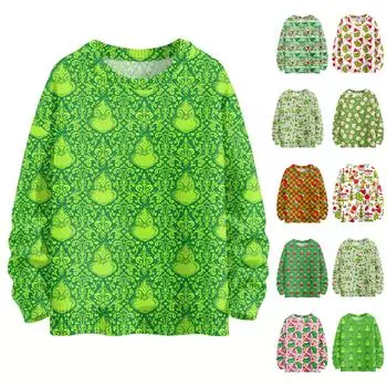 Женский модный повседневный шерстяной трикотажный топ с круглым вырезом и длинным рукавом с рождественским принтом XXL