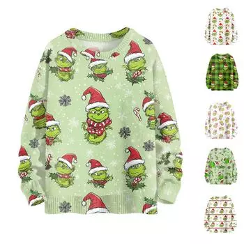 Женский модный повседневный шерстяной трикотажный топ с круглым вырезом и длинным рукавом с рождественским принтом L темно-зеленого