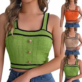 Женский модный повседневный свитер без рукавов контрастного цвета с квадратным вырезом и пуговицами, топ для отдыха L зелёный