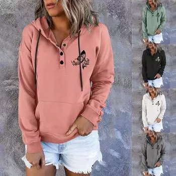 Женский модный повседневный свитер с длинным рукавом и принтом, пуловер с капюшоном, топ с капюшоном M розовый