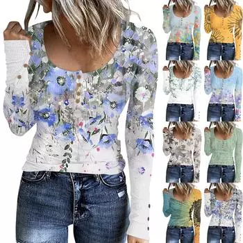 Женский модный повседневный свитер с длинными рукавами и воротником-стойкой с принтом на пуговицах XXL синий