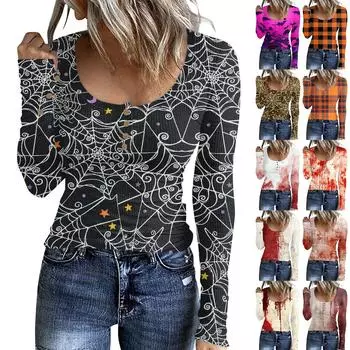 Женский модный повседневный свитер с длинными рукавами и принтом на пуговицах в стиле Хэллоуина XL чёрный