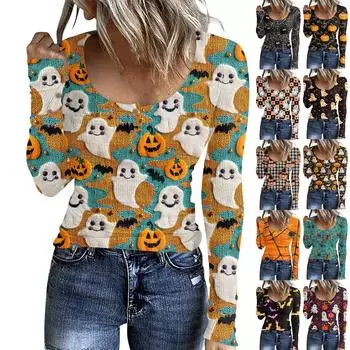 Женский модный повседневный свитер с длинными рукавами и принтом на пуговицах в стиле Хэллоуина S чёрный