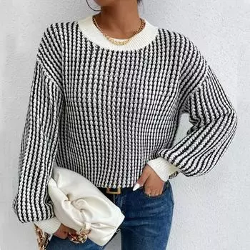 Женский модный повседневный свитер с круглым вырезом и вертикальными полосками, вязаный топ L чёрный