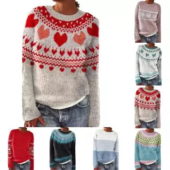 Женский модный повседневный свитер с круглым вырезом и принтом, свободный свитер с длинными рукавами L синий