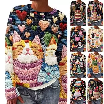 Женский модный повседневный свитер с круглым вырезом и длинным рукавом с милым принтом из шерстяной вязки XXL оранжевый