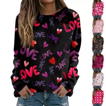 Женский модный повседневный свитер с круглым вырезом и длинными рукавами на День святого Валентина с принтом роз и круглым вырезом XXL