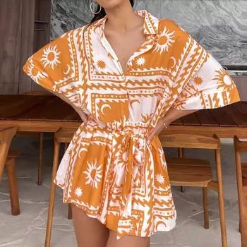 Женский модный повседневный свободный и удобный комбинезон с завязкой на талии и открытым воротником с рукавом пять четвертей L оранжевый