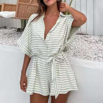 Женский модный повседневный свободный и удобный комбинезон с завязкой на талии и открытым воротником с рукавом пять четвертей M